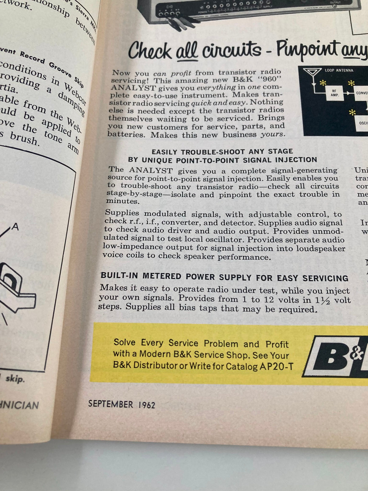 Interior page of VTG Electronic Technician Magazine September 1962 showcasing troubleshooting techniques with detailed instructions for servicing transistor radios.