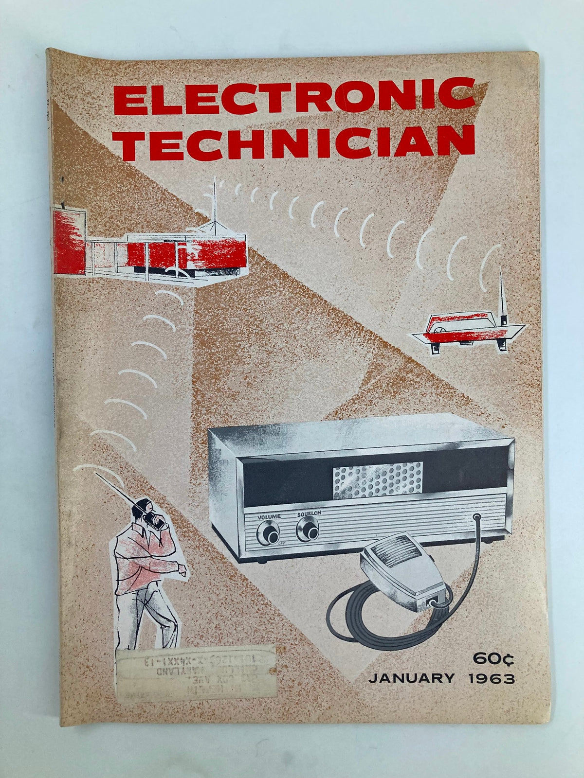 Cover of VTG Electronic Technician Magazine January 1963 featuring illustrations of communication technology, including a radio and a figure speaking into a device, highlighting the vintage appeal of technology from the early 1960s.