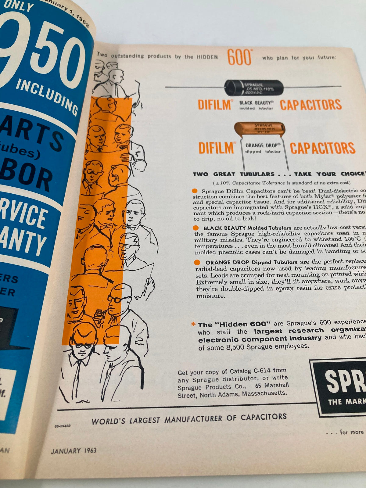 Inside page of VTG Electronic Technician Magazine January 1963 highlighting Sprague Difilm capacitors, including Black Beauty molded tubulars. Features colorful graphics and illustrations showcasing early electronic technology and advertisements.