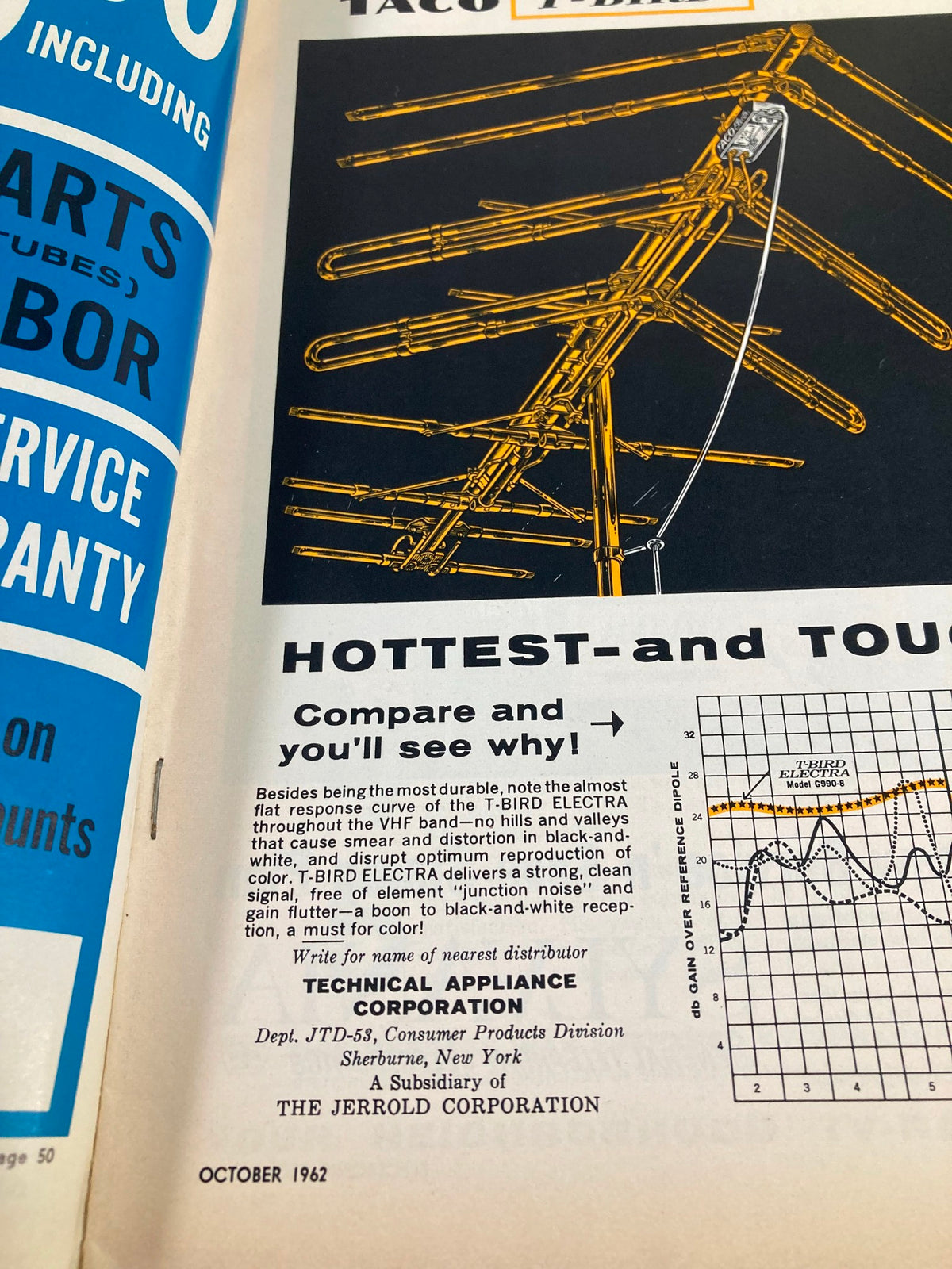 An inside page of the VTG Electronic Technician Magazine from October 1962, displaying an advertisement for T-BIRD ELECTRA antennas, emphasizing durability and signal quality.