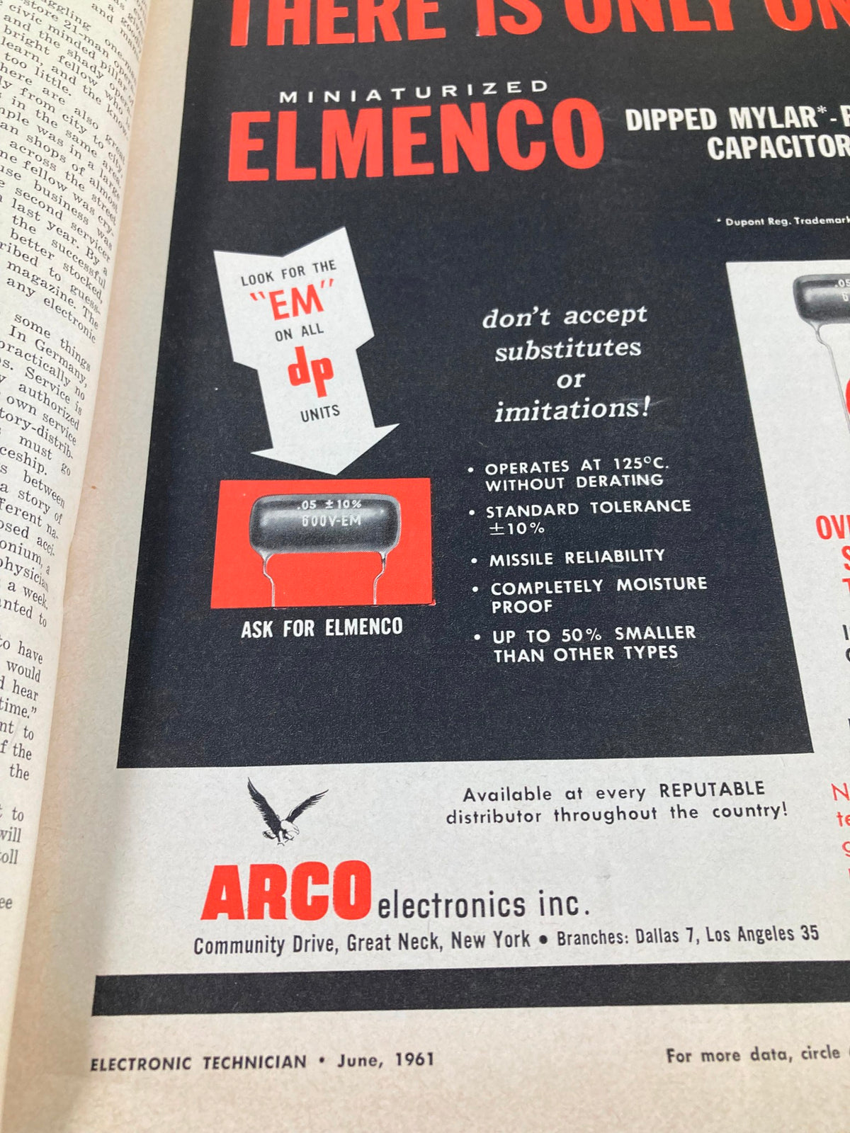 Interior page of VTG Electronic Technician Magazine June 1961 displaying an advertisement for Elmenco miniaturized capacitors with product details and branding from ARCO electronics.
