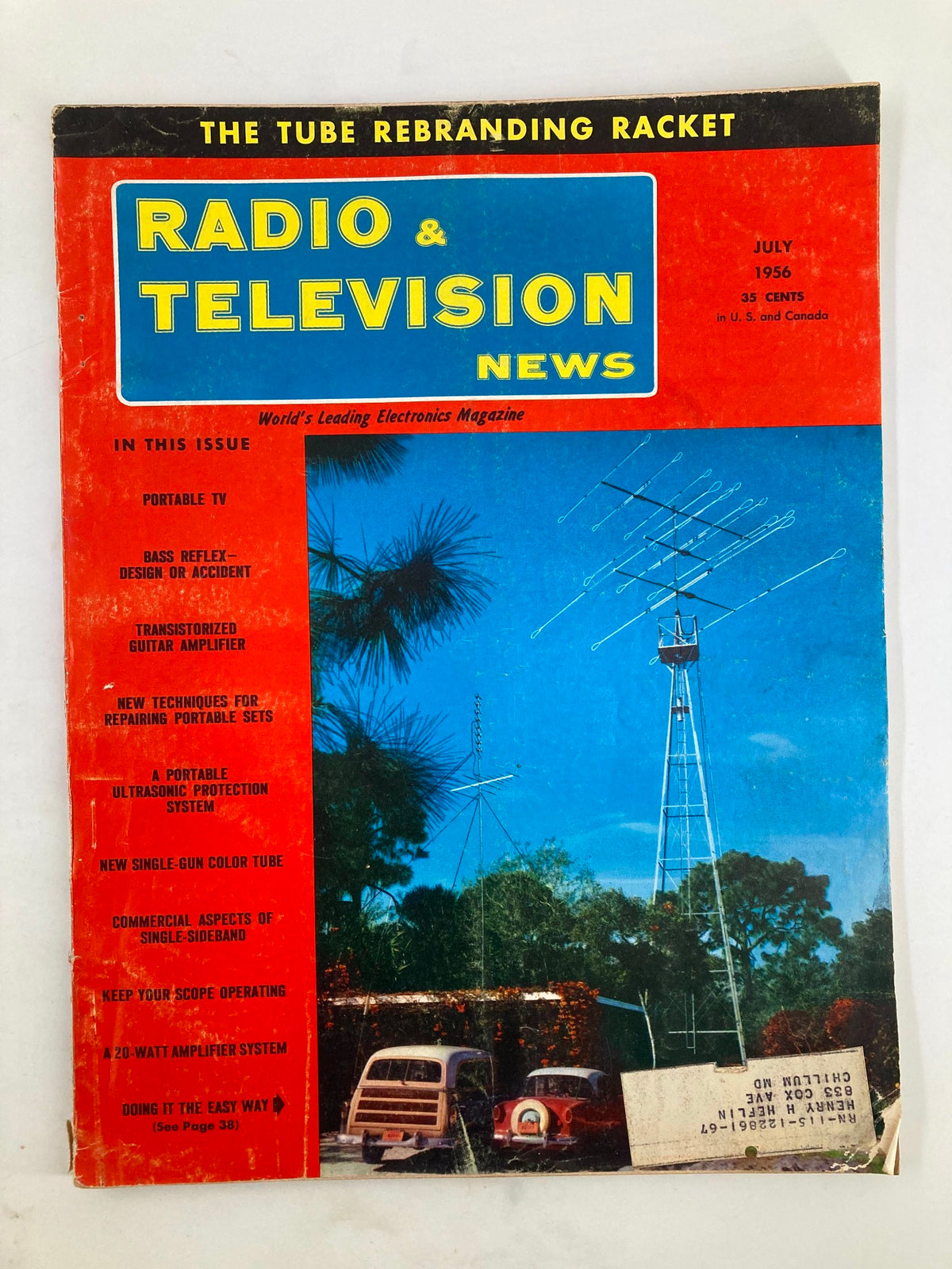 Cover of VTG Radio & Television News Magazine July 1956 featuring articles on portable TV, bass reflex design, and more, showcasing vibrant colors and vintage graphics.