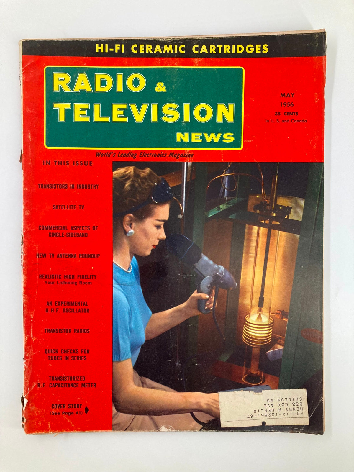Cover of VTG Radio & Television News Magazine May 1956 featuring an image of a woman engaging with high fidelity broadcasting equipment, highlighting the era's technological advancement.