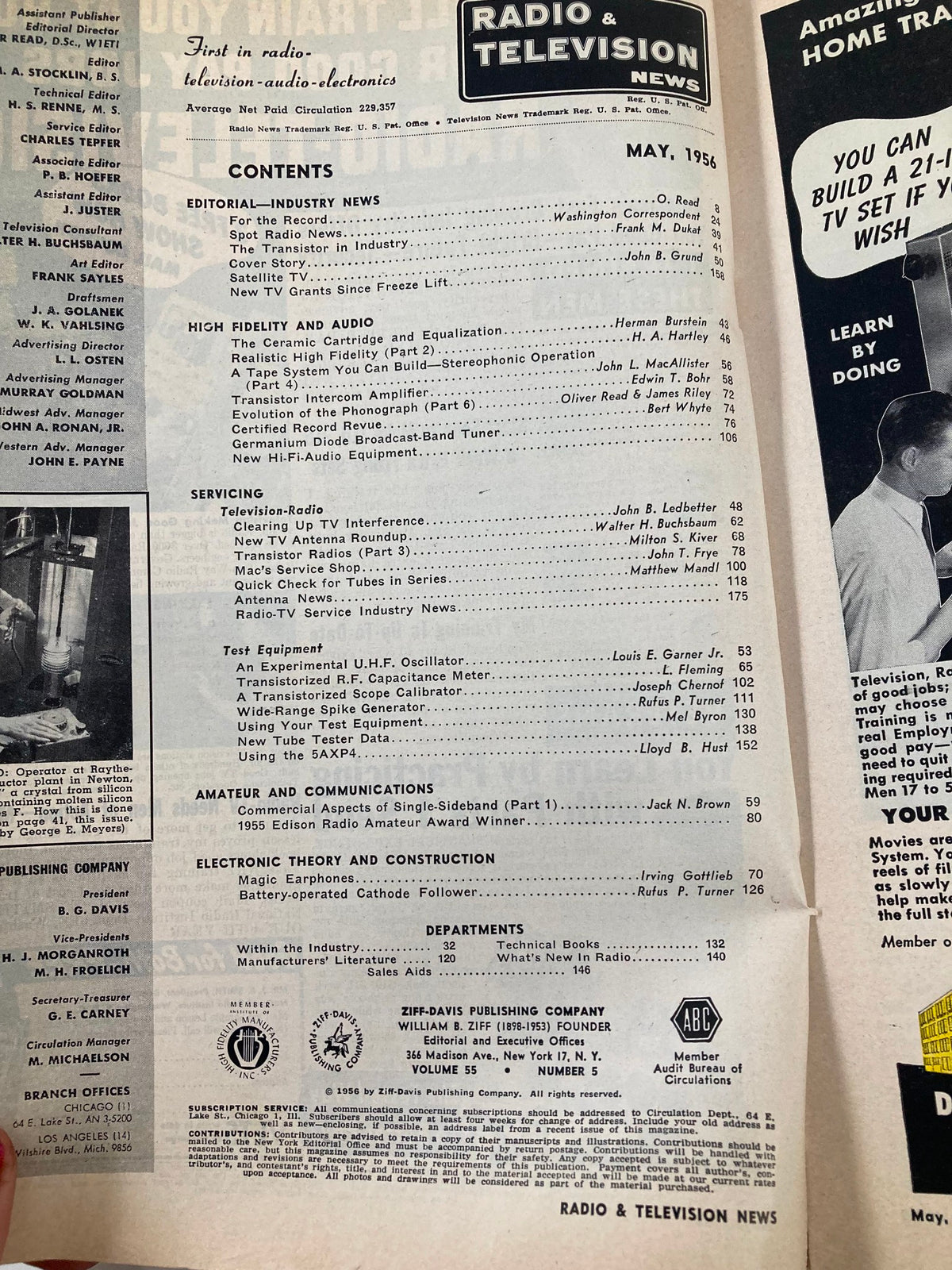 Table of contents from the VTG Radio & Television News Magazine May 1956 listing various articles and topics on high fidelity audio and amateur communications.