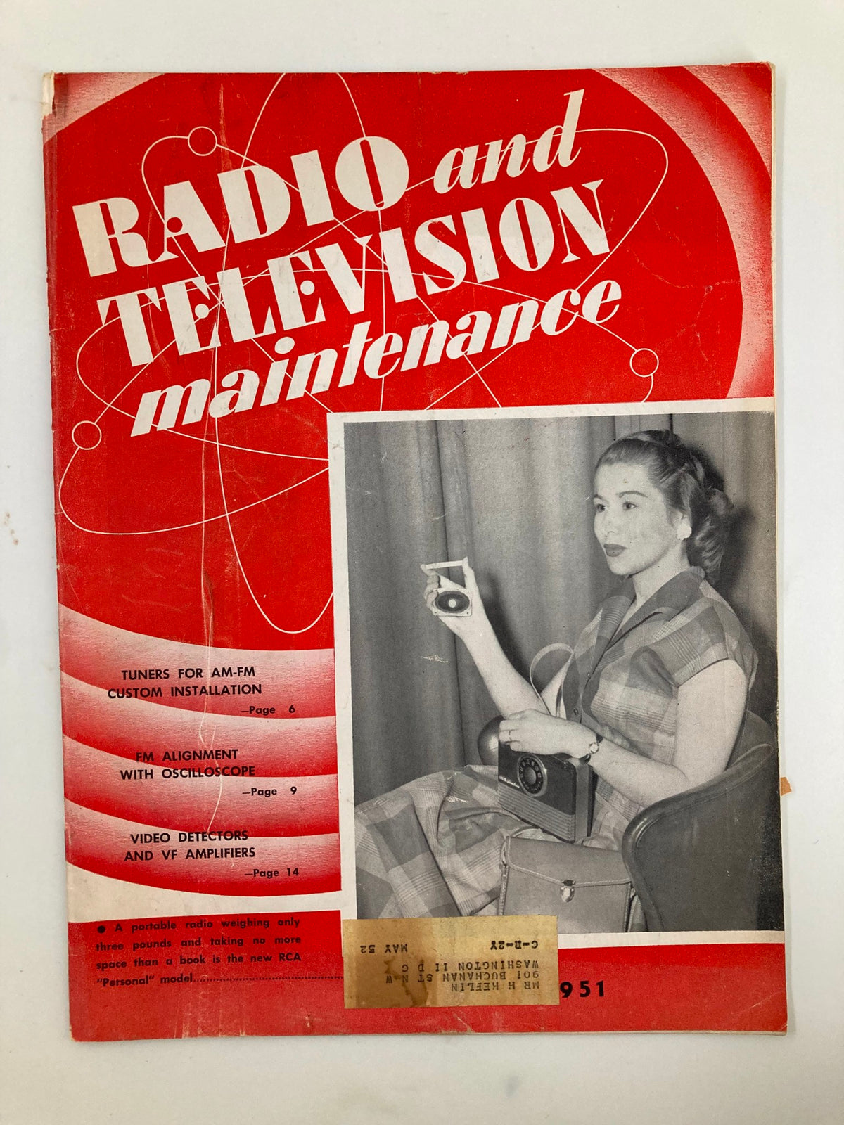 Cover of VTG Radio and Television Maintenance June 1951 magazine featuring a woman holding a portable radio, showcasing FM alignment and oscilloscope techniques.