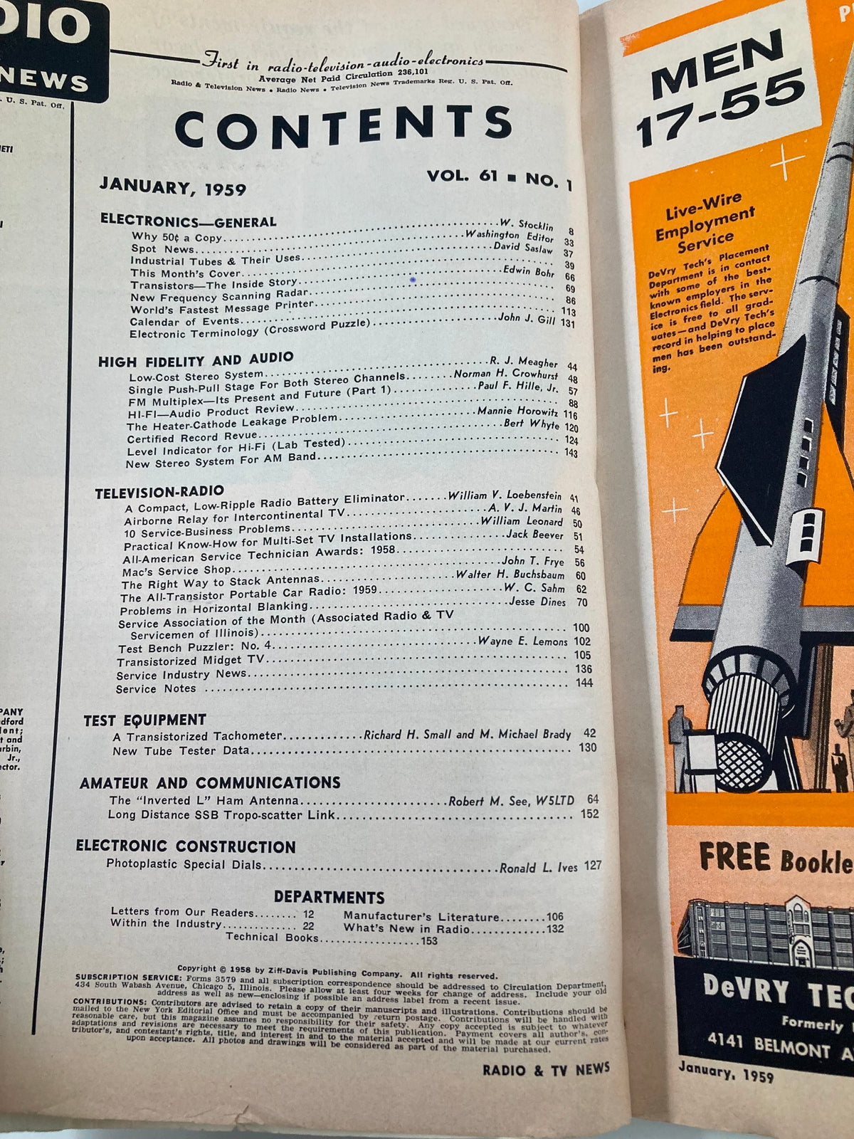 Contents page of VTG Radio & TV News Magazine January 1959 detailing articles on electronics, television, and amateur communications.