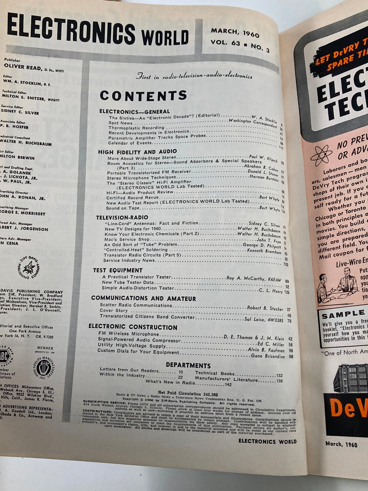 Contents page of VTG Electronics World Magazine March 1960 detailing sections on electronics, audio, television radio, and communication topics.