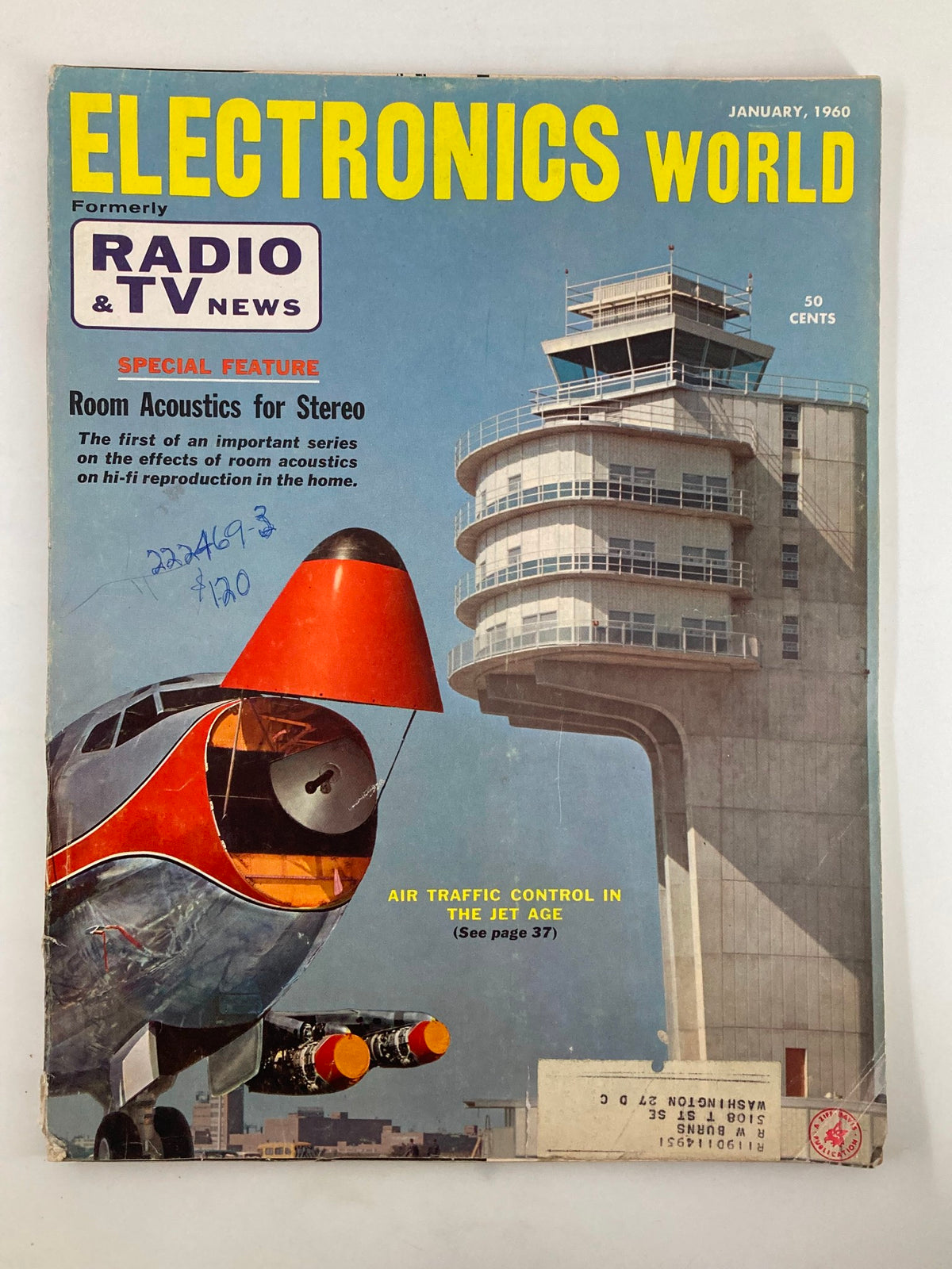 Cover of VTG Electronics World Magazine January 1960 featuring a plane and content on Room Acoustics for Stereo.