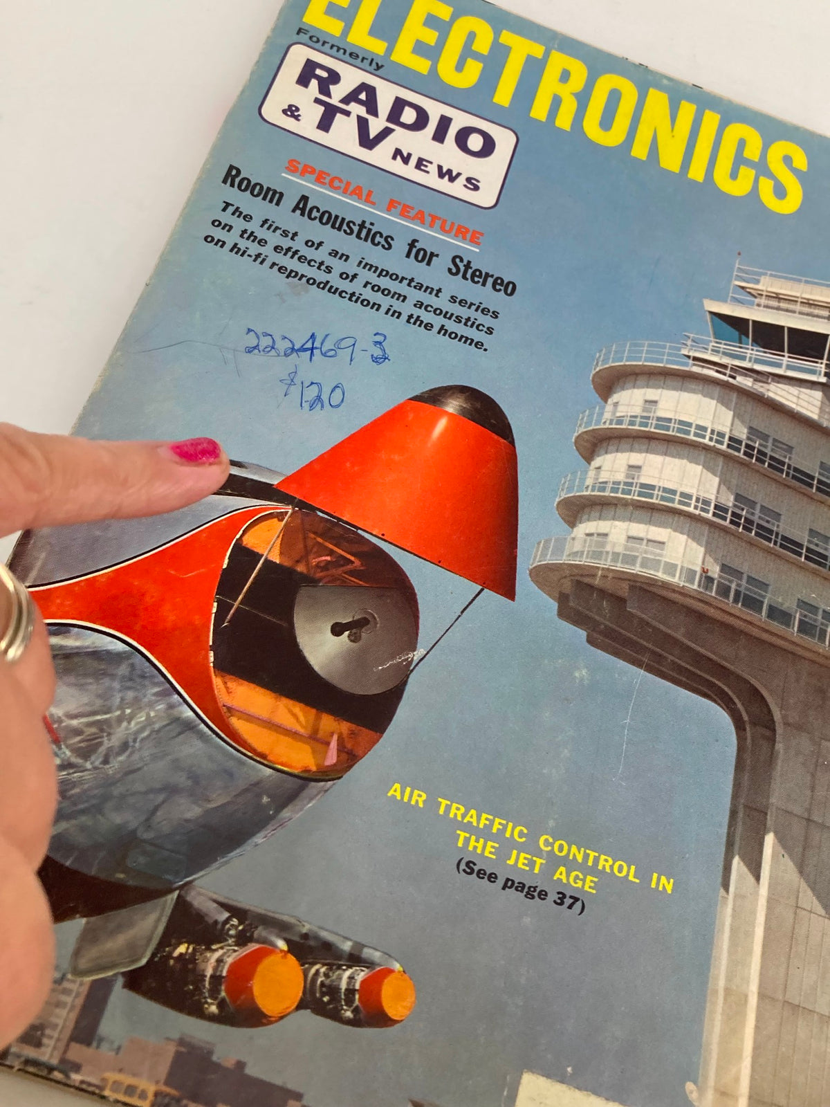 Close-up of VTG Electronics World Magazine January 1960 cover showing details and handwritten notes related to Room Acoustics for Stereo.