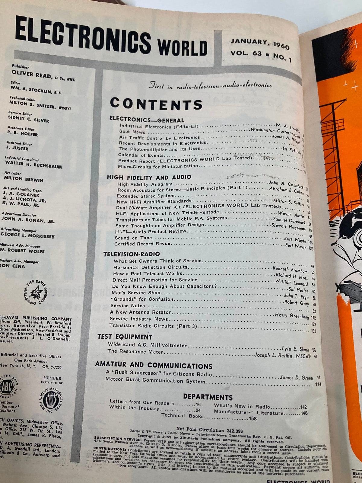 Contents page of VTG Electronics World Magazine January 1960, showcasing articles on room acoustics for stereo, radio, and television advancements in audio technology.