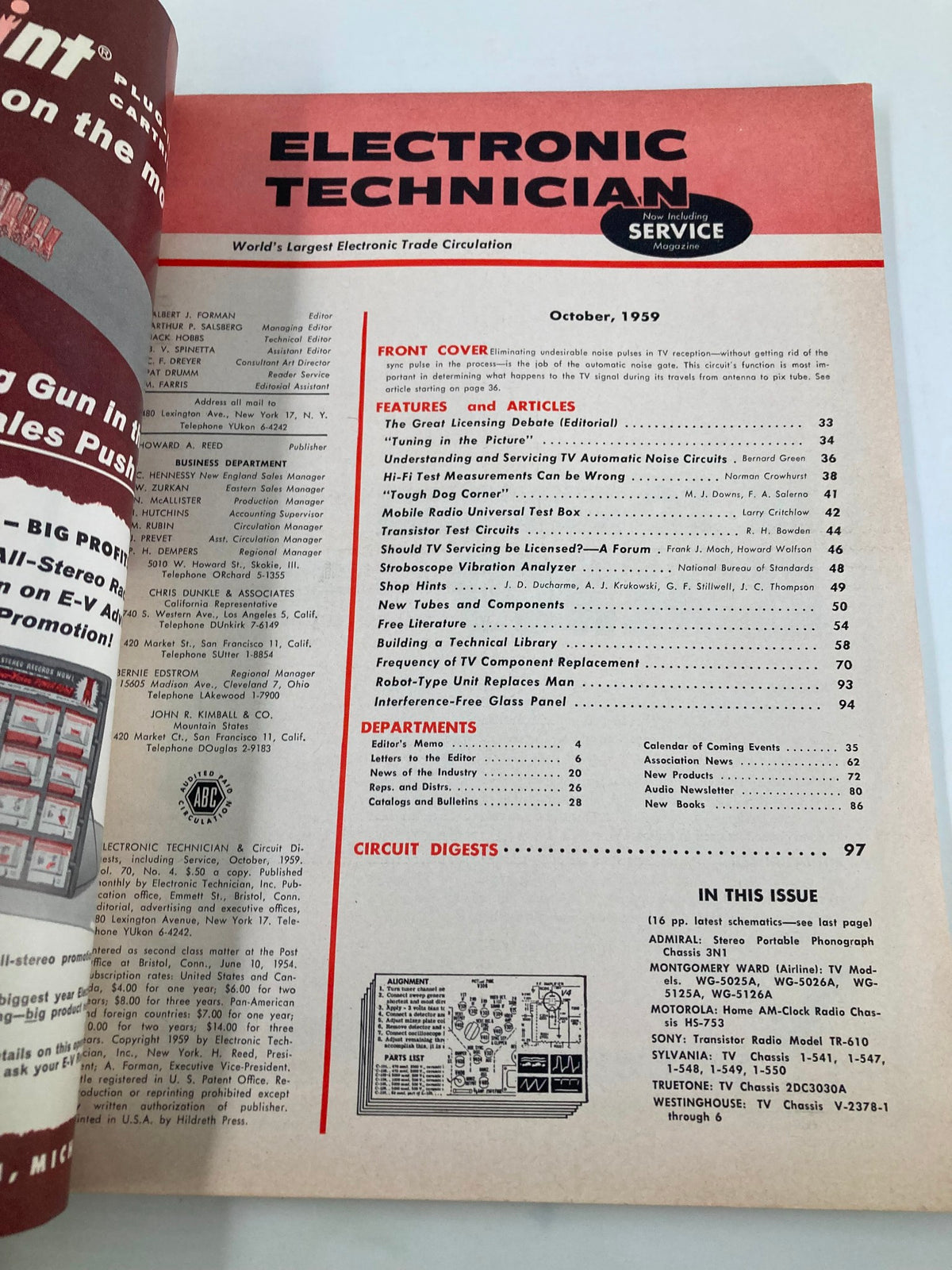 Inside page of the VTG Electronic Technician Magazine from October 1959, displaying contents including articles related to Automatic Noise Gates and various electronic trade topics, ideal for collectors and electronics enthusiasts.