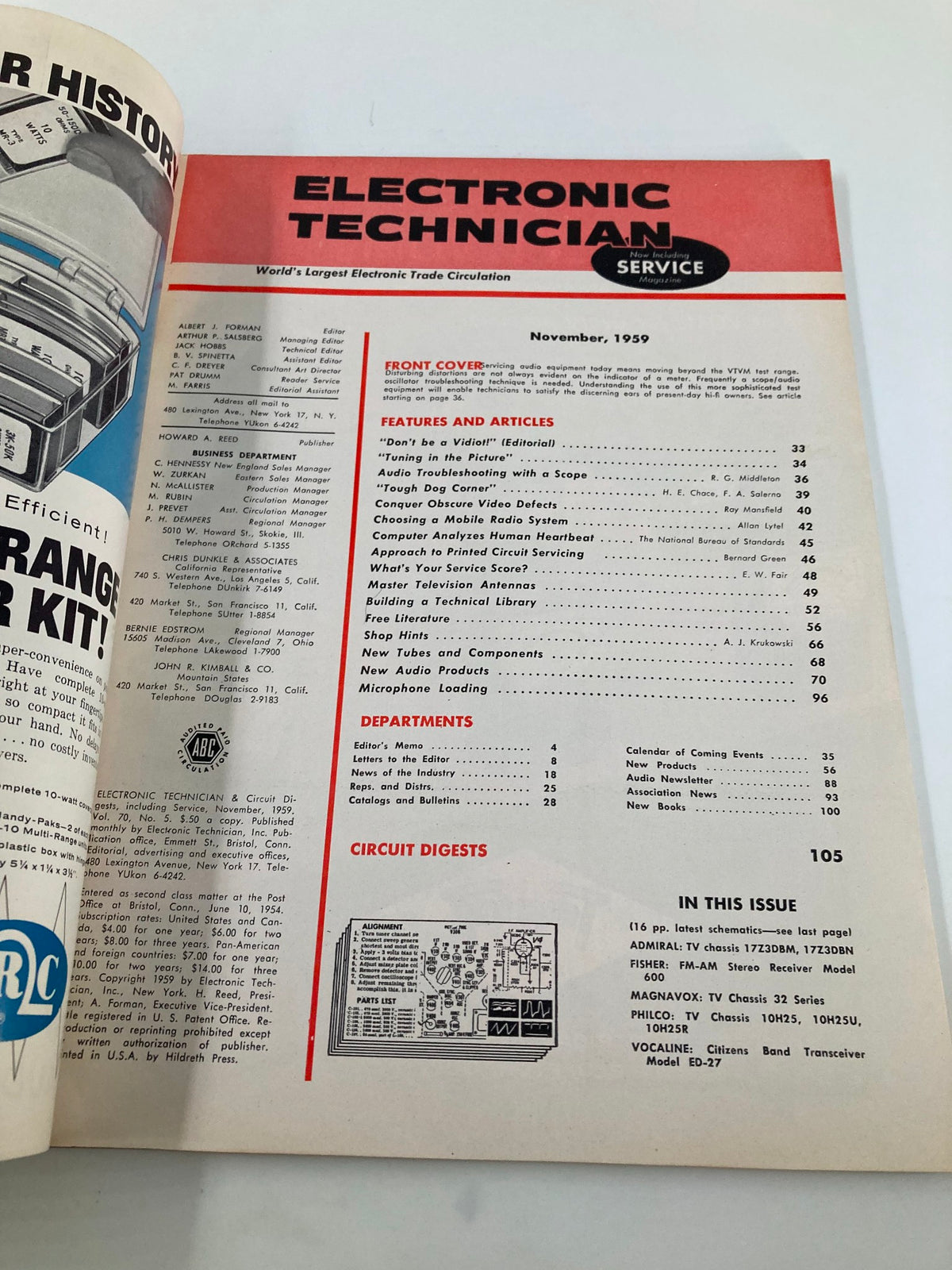 Interior page of the VTG Electronic Technician Magazine November 1959, displaying features, articles, and a table of contents related to electronic technology.