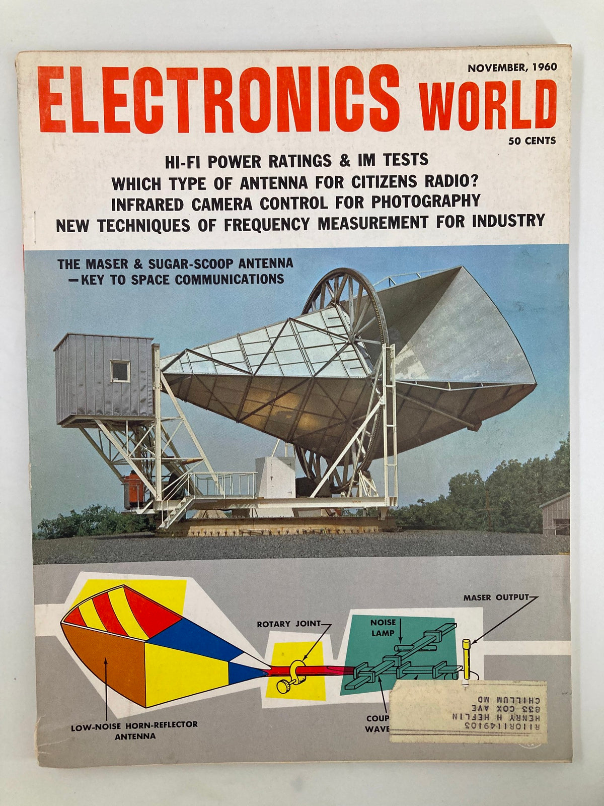 Cover of VTG Electronics World Magazine, November 1960. Features 'The Maser & Sugar-Scoop Antenna' and highlights technology innovations of the era, with a bold design and colorful graphics.