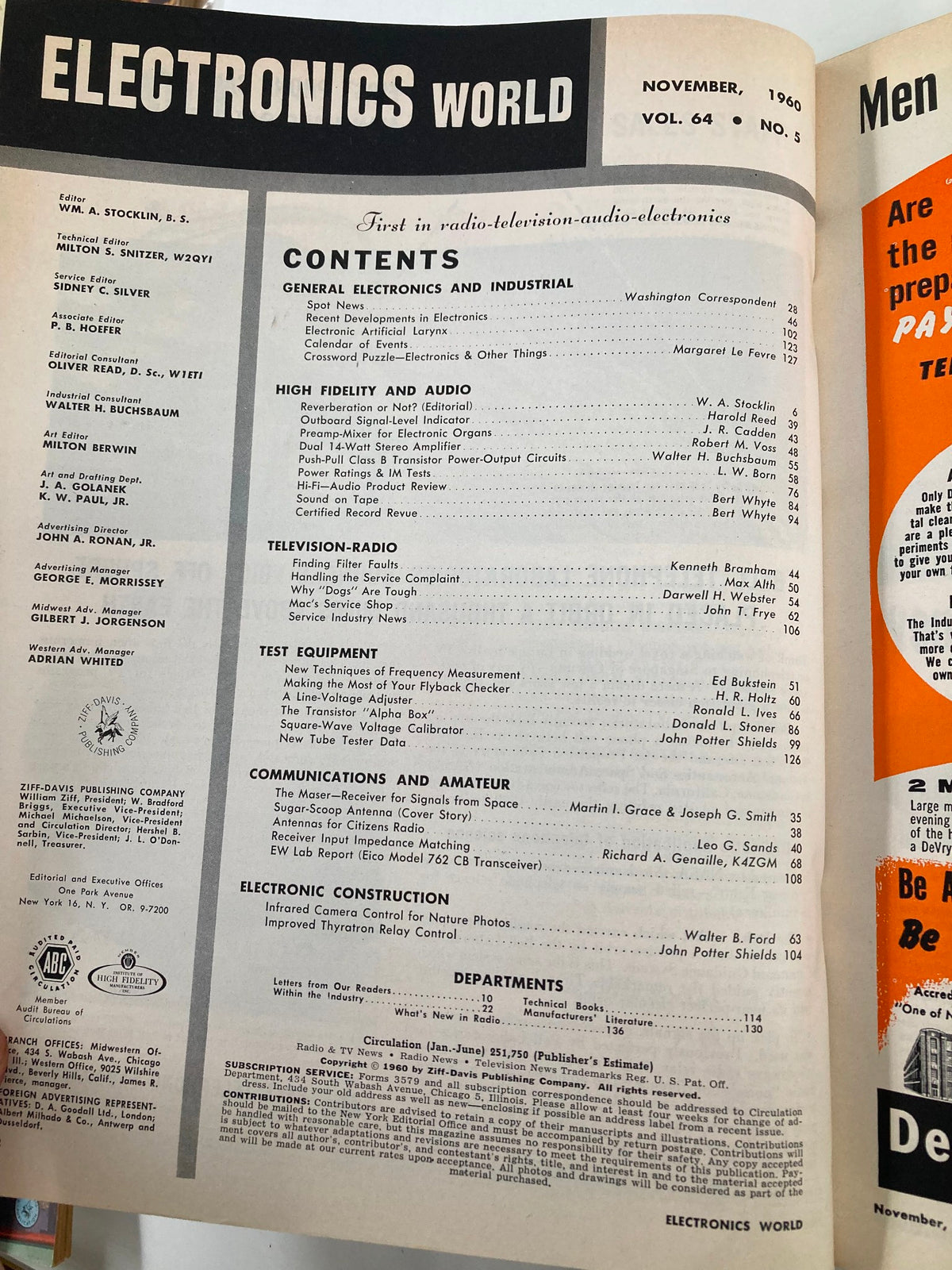 Inside page of VTG Electronics World Magazine, November 1960, displaying the table of contents. Lists articles covering high fidelity, audio, and electronics innovations from the 1960s.