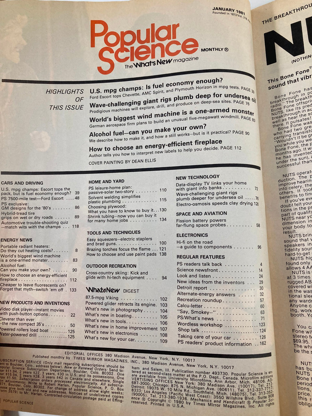 Interior page of VTG Popular Science Magazine January 1981 displaying the table of contents, highlighting various articles including "World's Biggest Wind Machine is a one-armed monster" and details on renewable energy.
