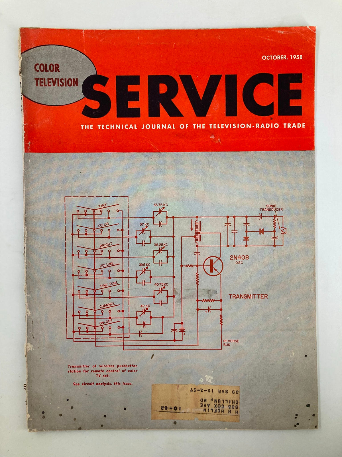 Cover of VTG Service Magazine October 1958 featuring a technical diagram for a Transmitter of Wireless Pushbutton Station, highlighting advancements in wireless communication technology.