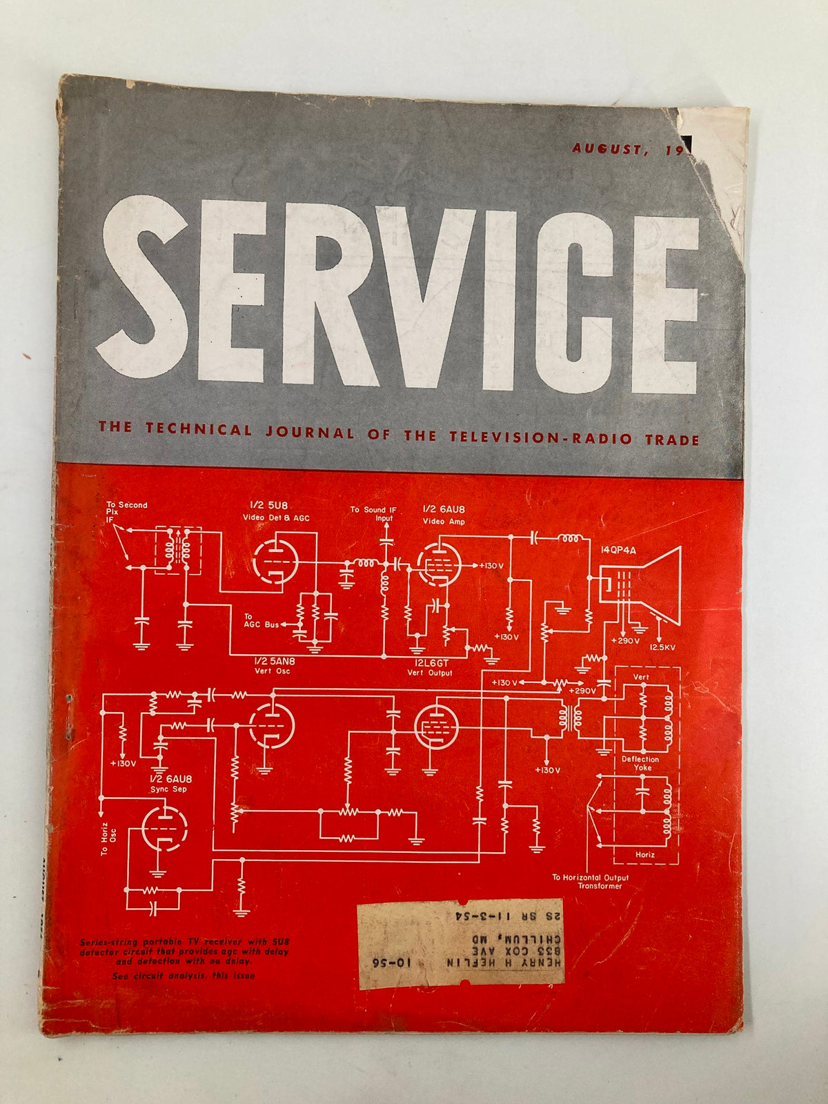 Cover of VTG Service Magazine August 1956 featuring circuit diagrams and bold typography, showcasing vintage tube technology.