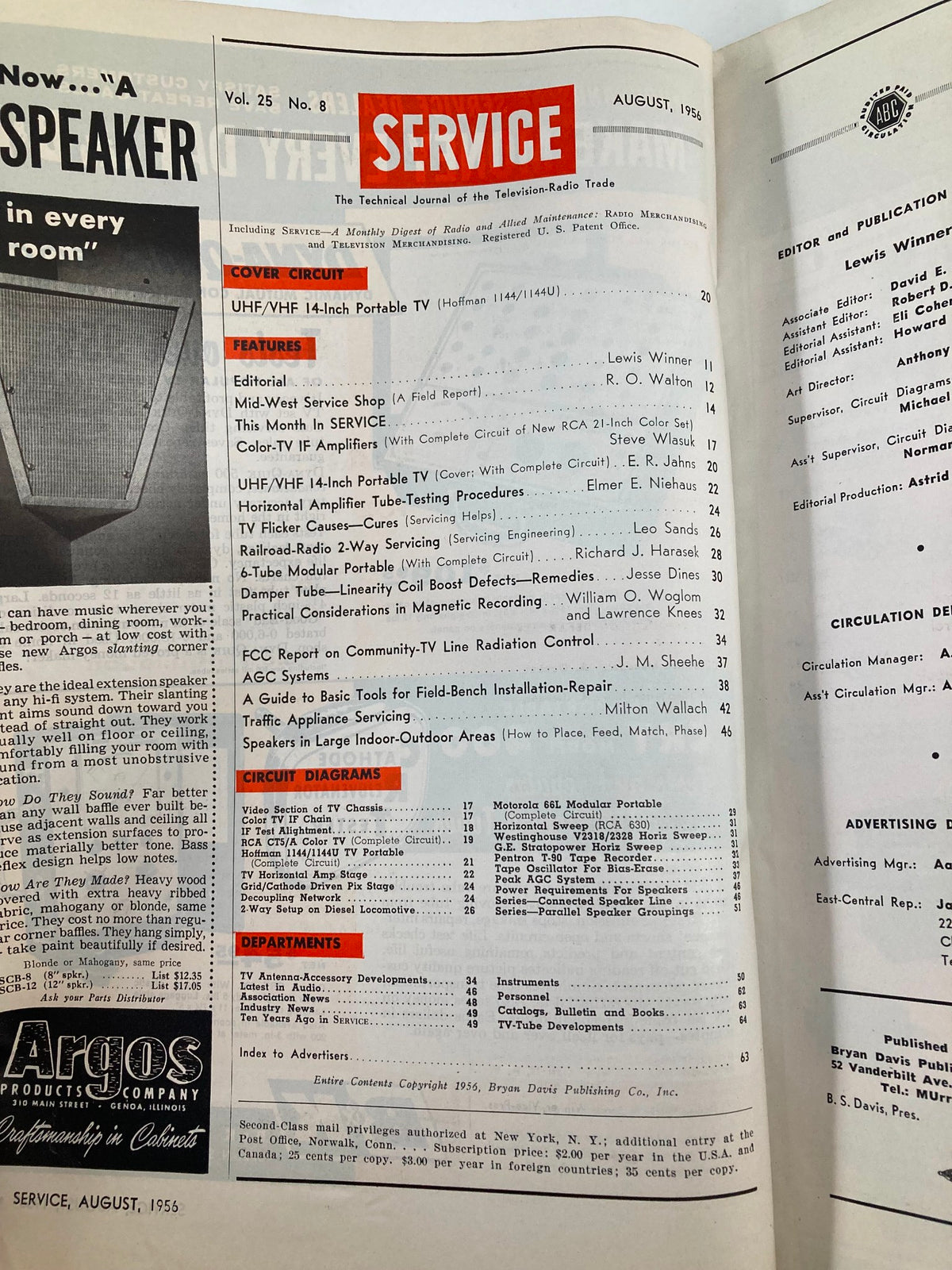 Inside page of VTG Service Magazine August 1956 displaying the table of contents and highlighting topics on vintage electronics and tube amplifiers.