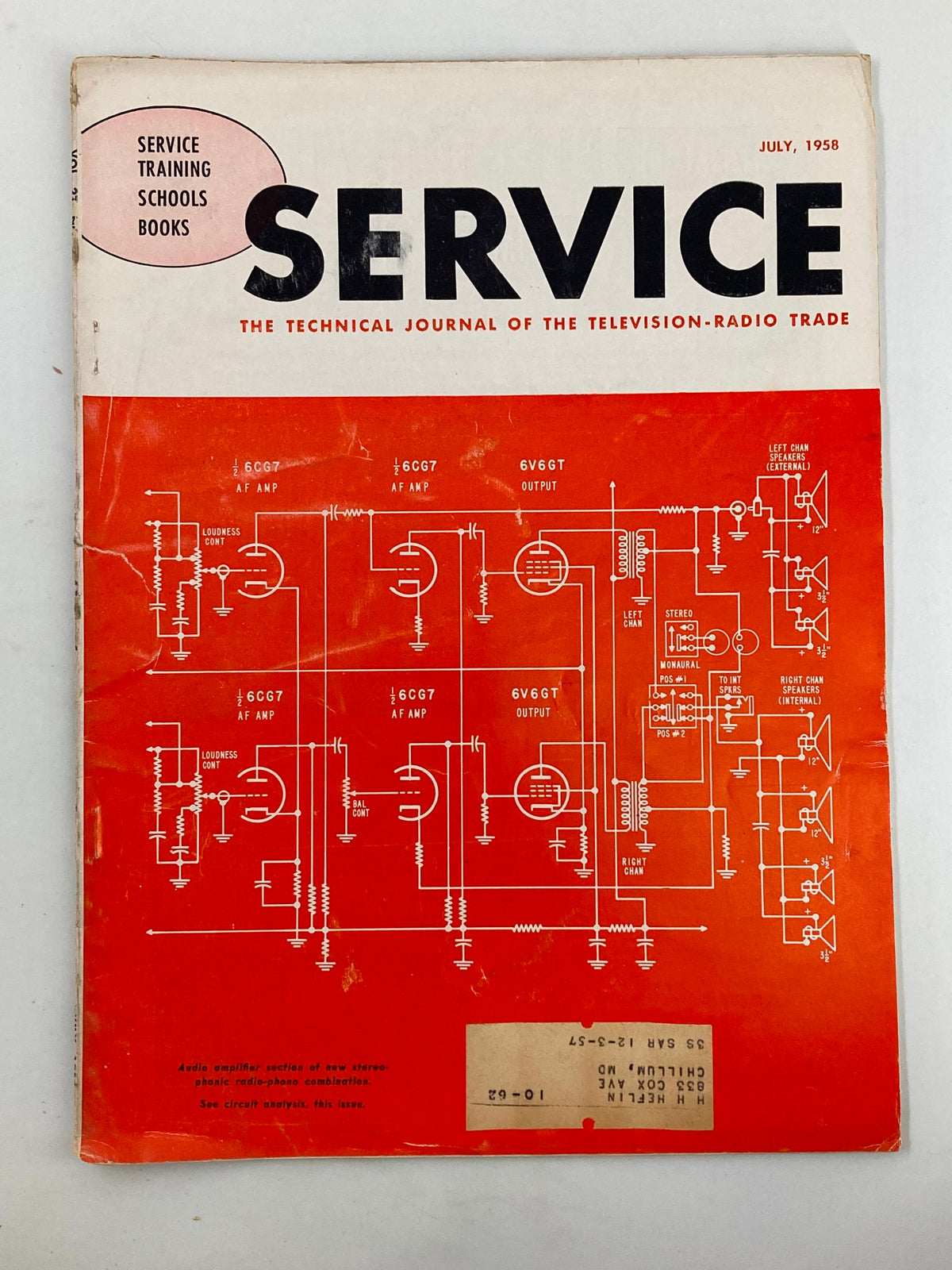 Cover of VTG Service Magazine July 1958 featuring a technical illustration related to tube amplifiers and audio equipment.