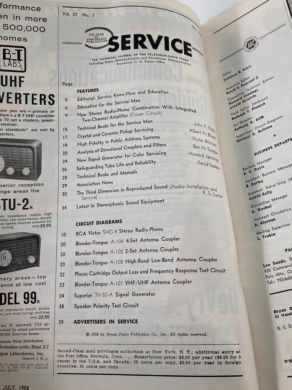 Inside page of VTG Service Magazine July 1958 displaying featured articles and circuit diagrams from the technical journal of the television-radio trade.