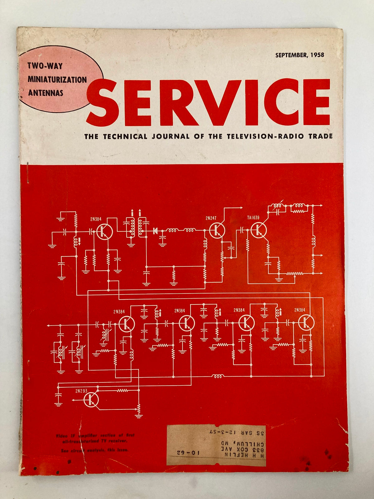 Cover of VTG Service Magazine September 1958 featuring troubleshooting vertical oscillator diagrams and title in bold red letters. A vintage piece of engineering literature.