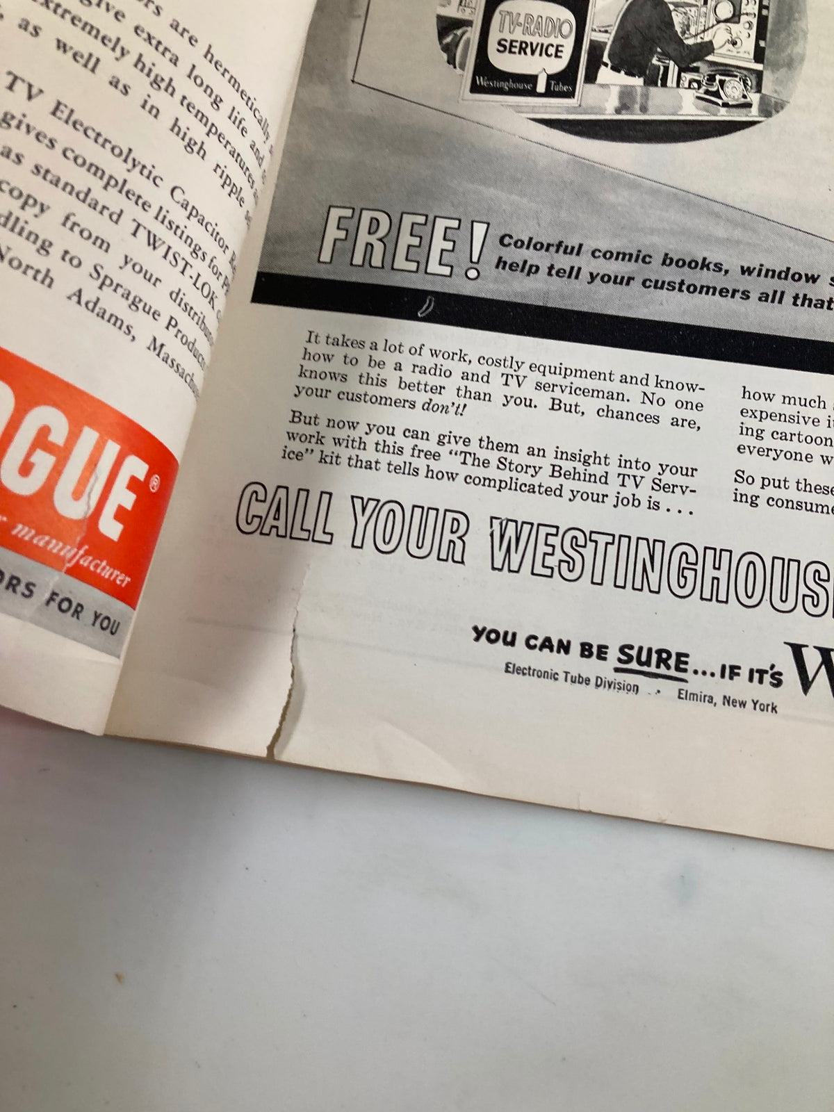 Interior page of VTG Service Magazine September 1958 showing an advertisement about radio and TV serviceman work, featuring a call to action for 'CALL YOUR WESTINGHOUSE'.