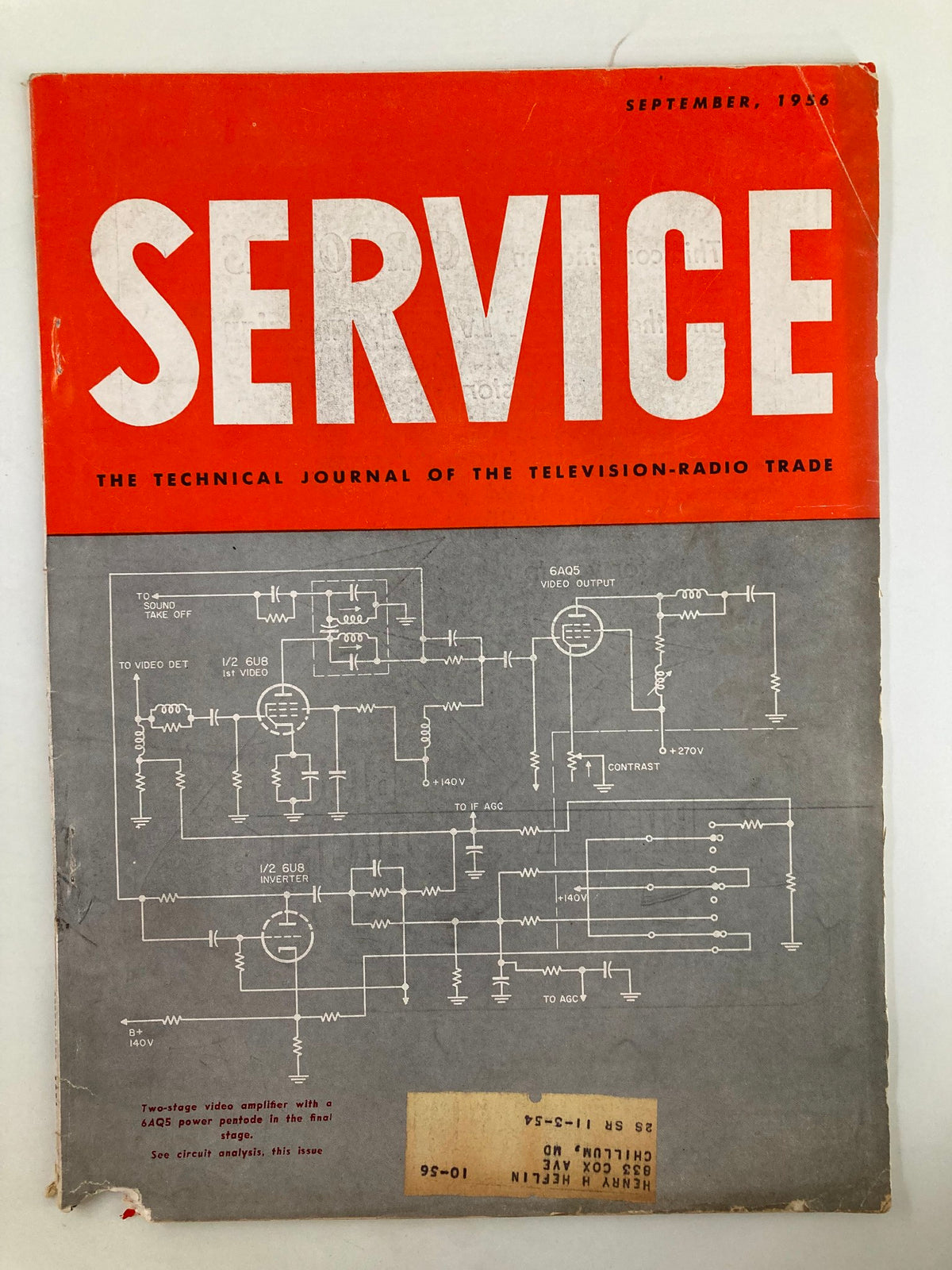 Cover of VTG Service Magazine September 1956 featuring the title and technical diagrams related to 2-Way Railroad-Radio Service Engineering.