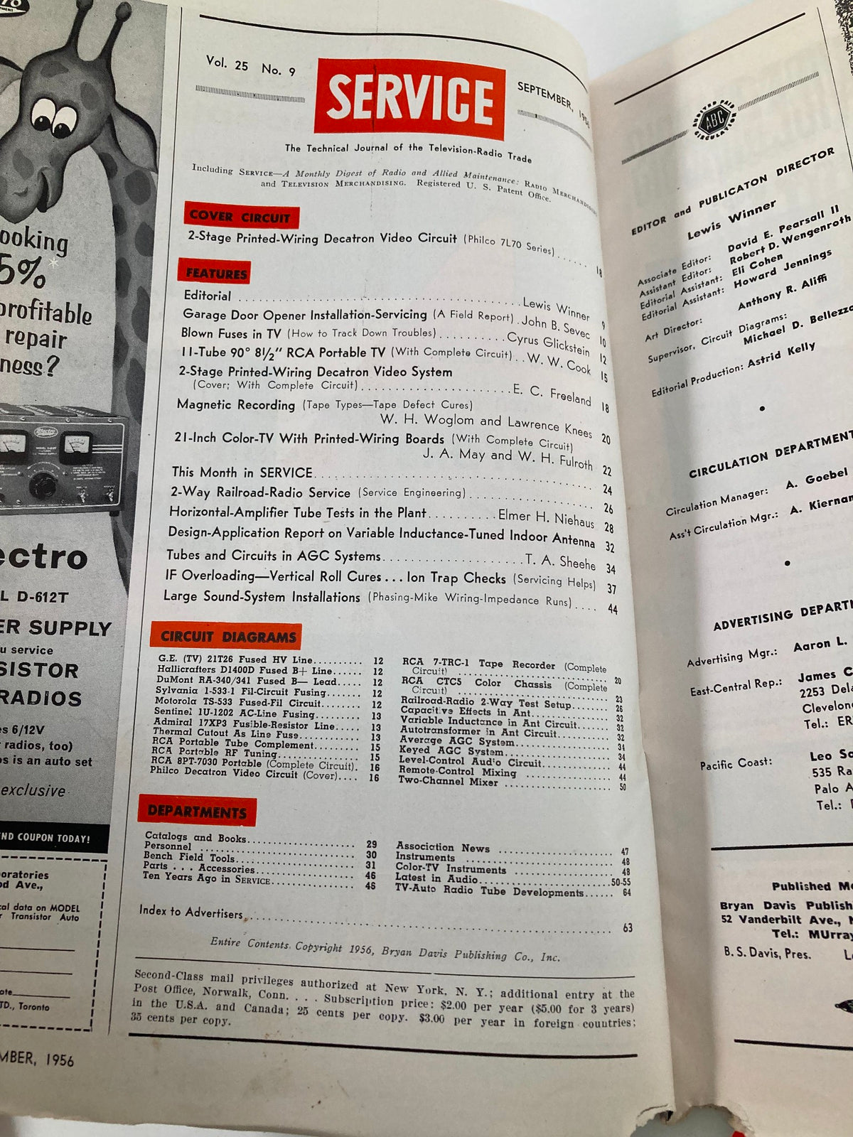 Interior page of VTG Service Magazine September 1956 showcasing articles and sections on 2-Way Railroad-Radio Service Engineering.