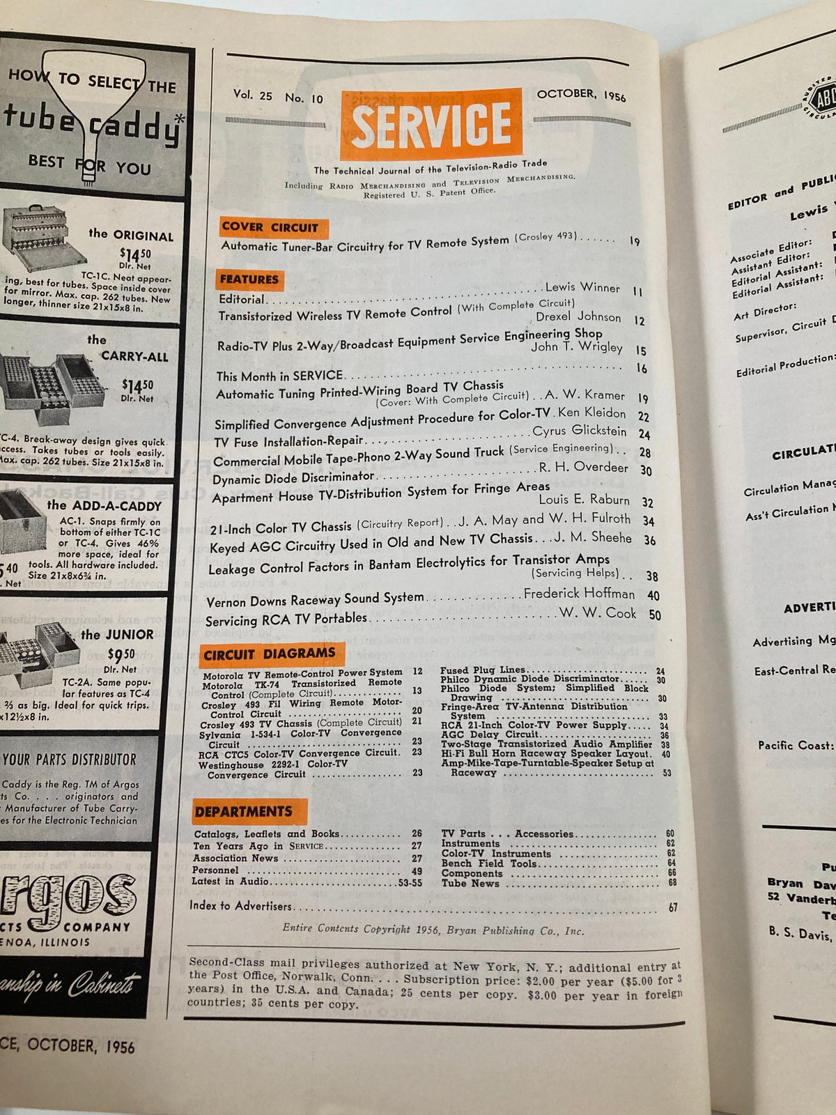 Interior page of the VTG Service Magazine October 1956 showing the table of contents and featured articles including the Vernon Downs Raceway Sound System.