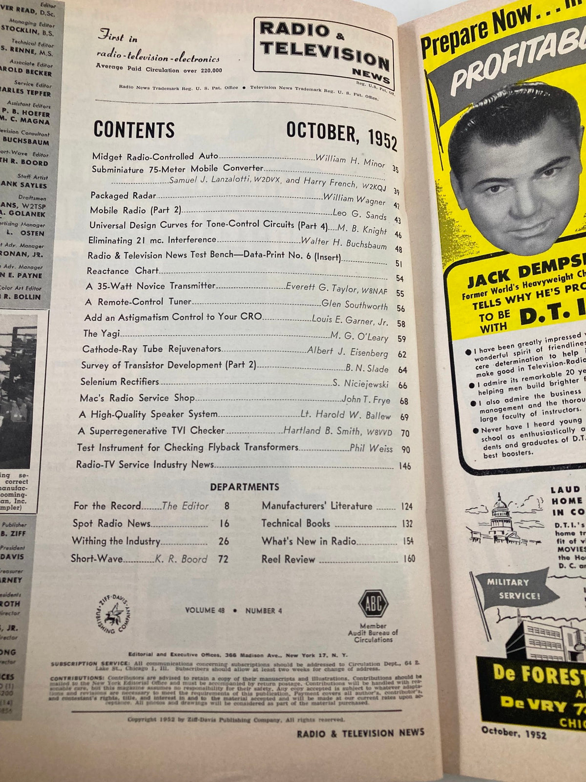 Contents page of VTG Radio & Television News Magazine October 1952 outlining various articles on electronics and telecommunication topics, highlighting Selenium Rectifiers.