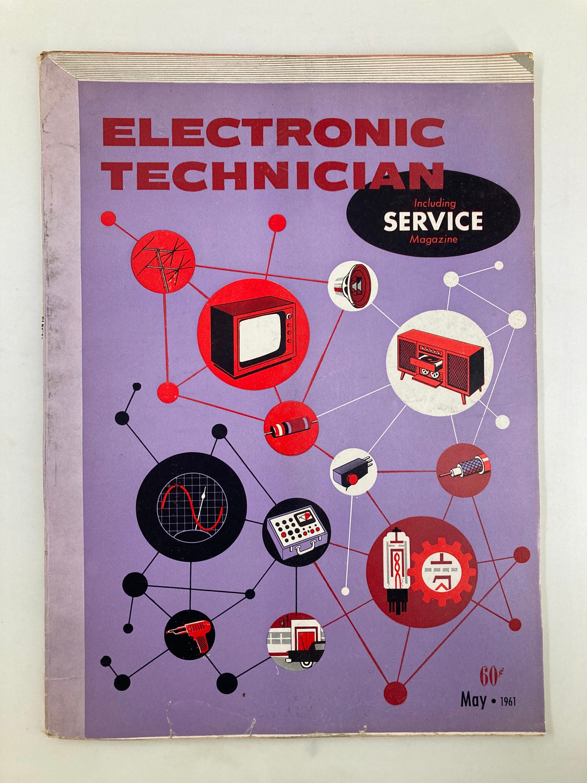 Cover of the VTG Electronic Technician Magazine from May 1961, featuring a vibrant design with illustrations representing electronic components and trends.