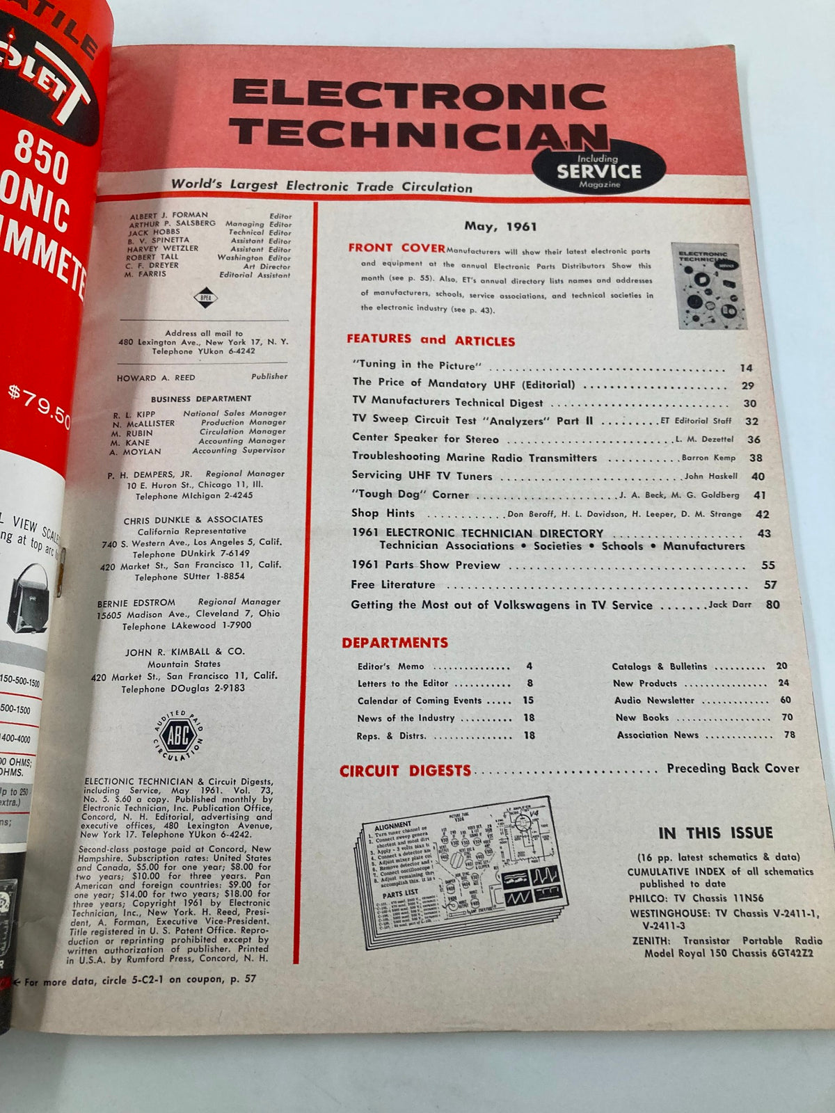 Inside page of the VTG Electronic Technician Magazine from May 1961, showcasing the table of contents and features, highlighting articles and advertisements relevant to the electronics industry.