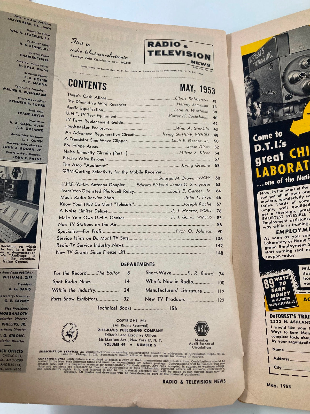 Contents page of the May 1953 Vintage Radio and Television News, listing articles including audio equalization and the Asco 'Audiomat'.