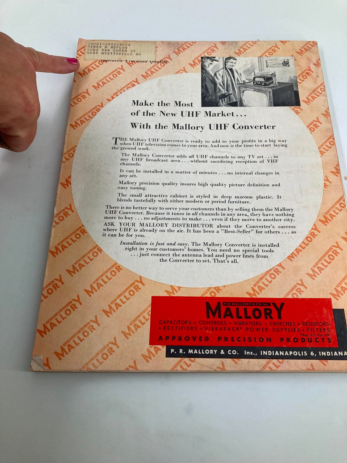 Back cover of the May 1953 Vintage Radio and Television News, featuring an advertisement for the Mallory UHF converter, showcasing vintage audio technology.