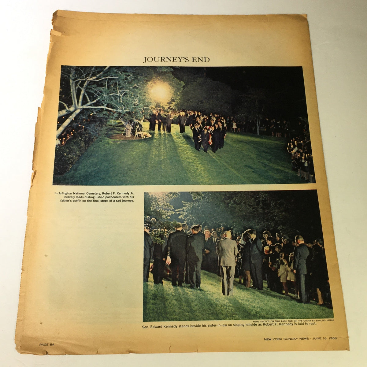 VTG Sunday New York News Magazine June 16 1968 showcasing Robert Kennedy Jr. at Arlington National Cemetery with pallbearers and attendees during a memorial service.