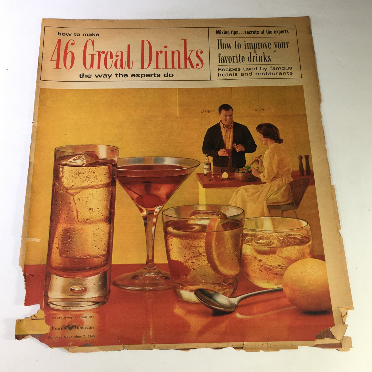 Vintage Journal American magazine cover featuring '46 Great Drinks' with cocktail recipes and mixing tips, published on November 7, 1965.
