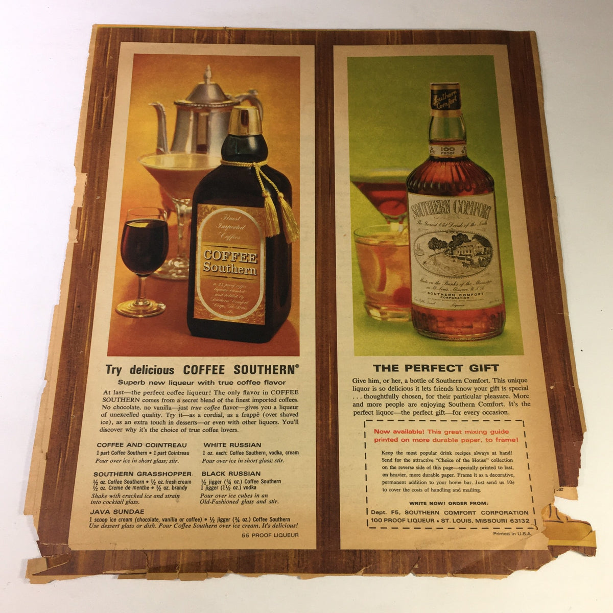 Vintage advertisements from the Journal American, showcasing Coffee Southern and Southern Comfort liquor, highlighting retro cocktail recipes and gifting ideas.