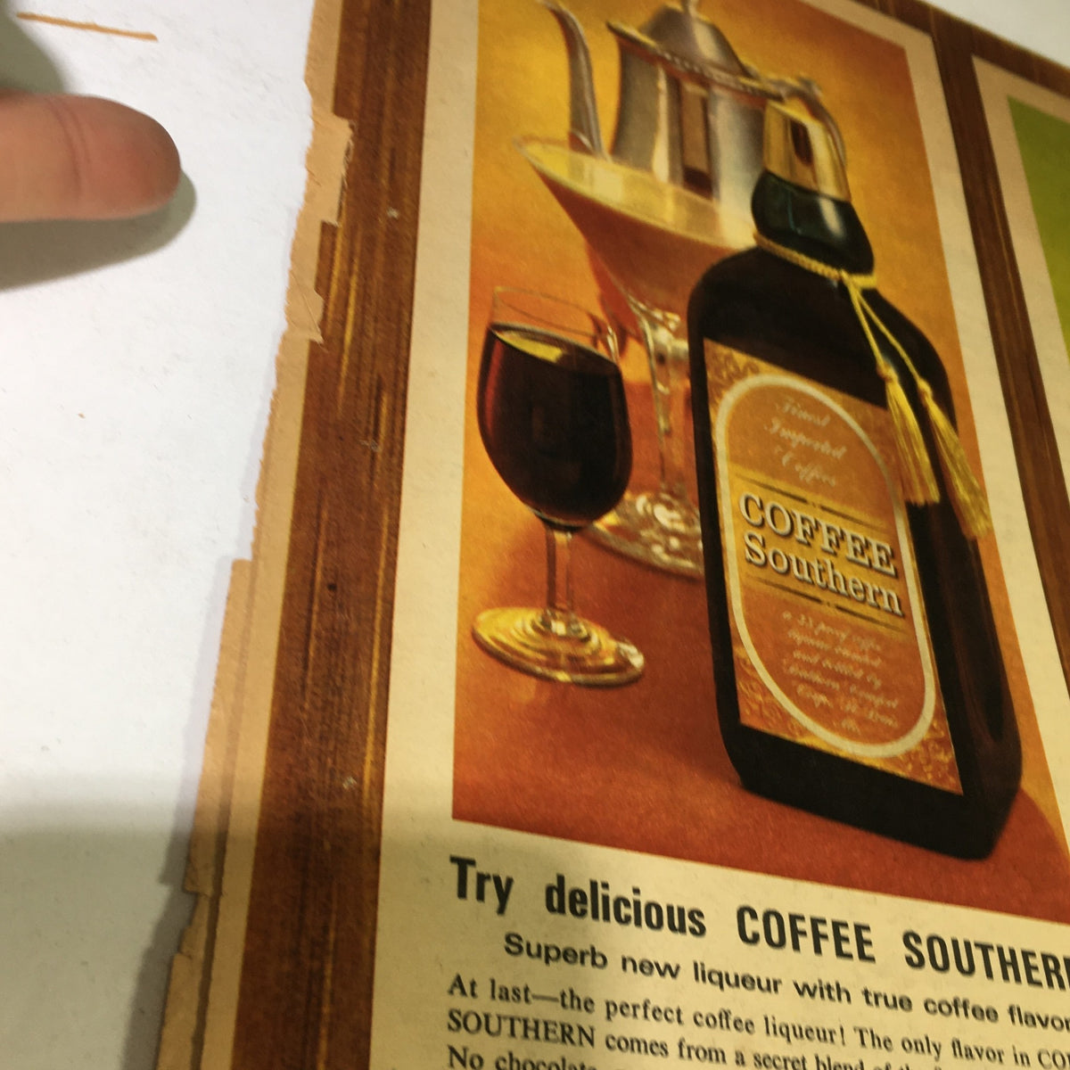 Vintage Journal American advertisement showcasing 'Coffee Southern' liquor with a glass, highlighting coffee flavor tips from the November 7, 1965 issue.