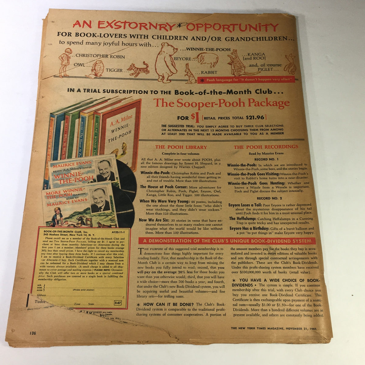 Advertisement page from VTG The New York Times Magazine November 21 1965 promoting a Book-of-the-Month Club subscription featuring Winnie-the-Pooh.
