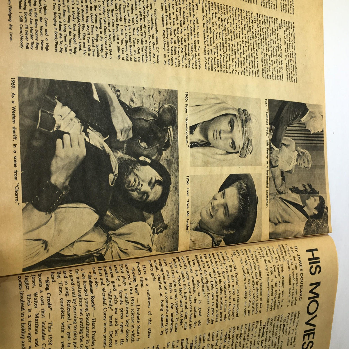 Vintage image from VTG The Courier Journal Magazine August 22 1977 featuring various scenes from Elvis Presley's movies, showcasing iconic moments from his film career.