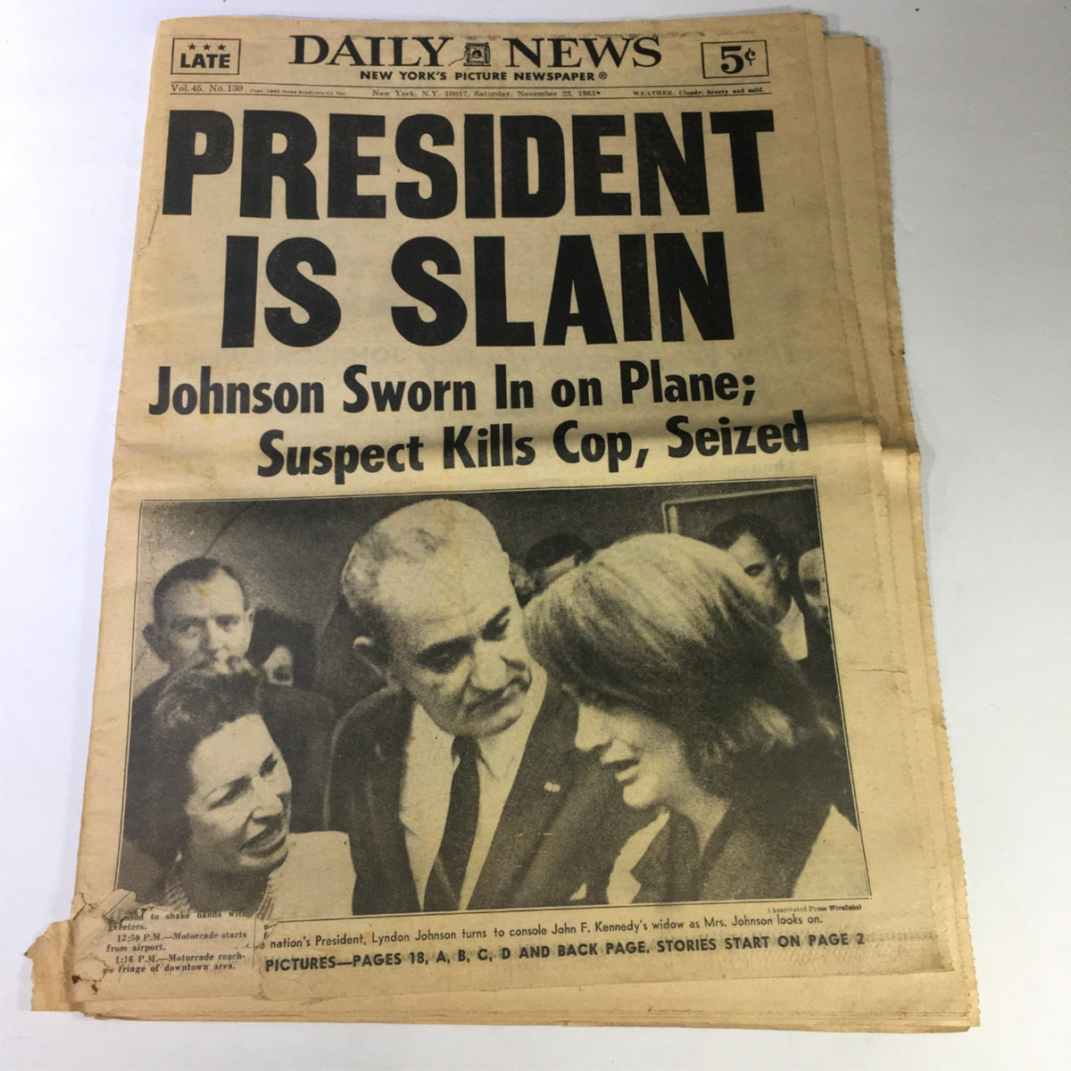 VTG Daily News Newspaper November 23 1963, featuring the headline 'PRESIDENT IS SLAIN' with coverage on Lyndon Johnson sworn in as president after JFK's assassination.