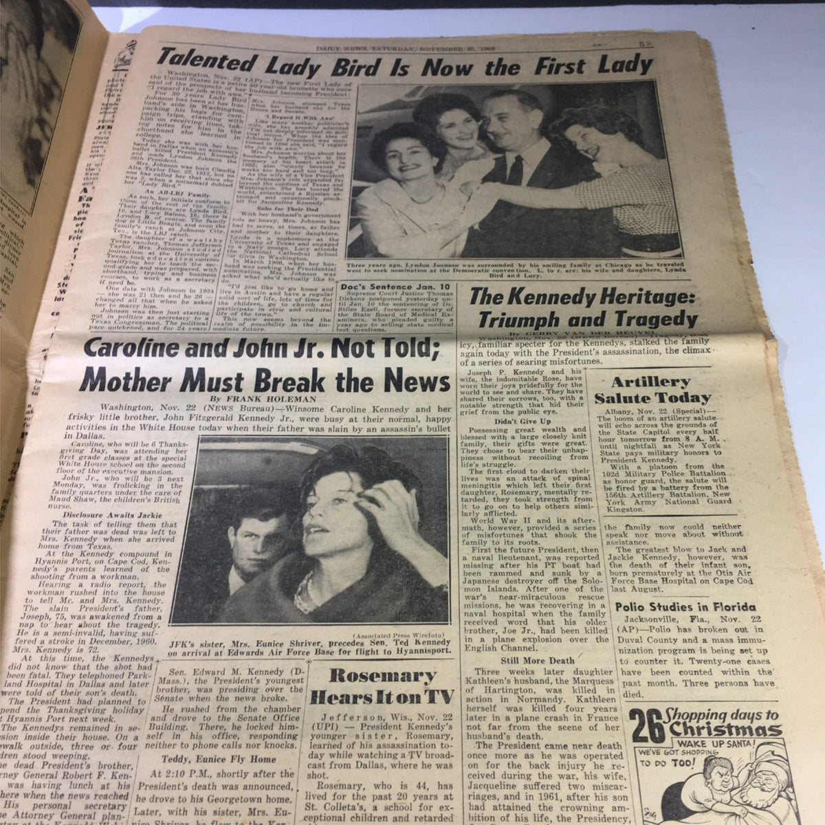 Inside page of the VTG Daily News Newspaper from November 23 1963, discussing the impact of JFK's assassination on his family, with a feature about Lady Bird Johnson.