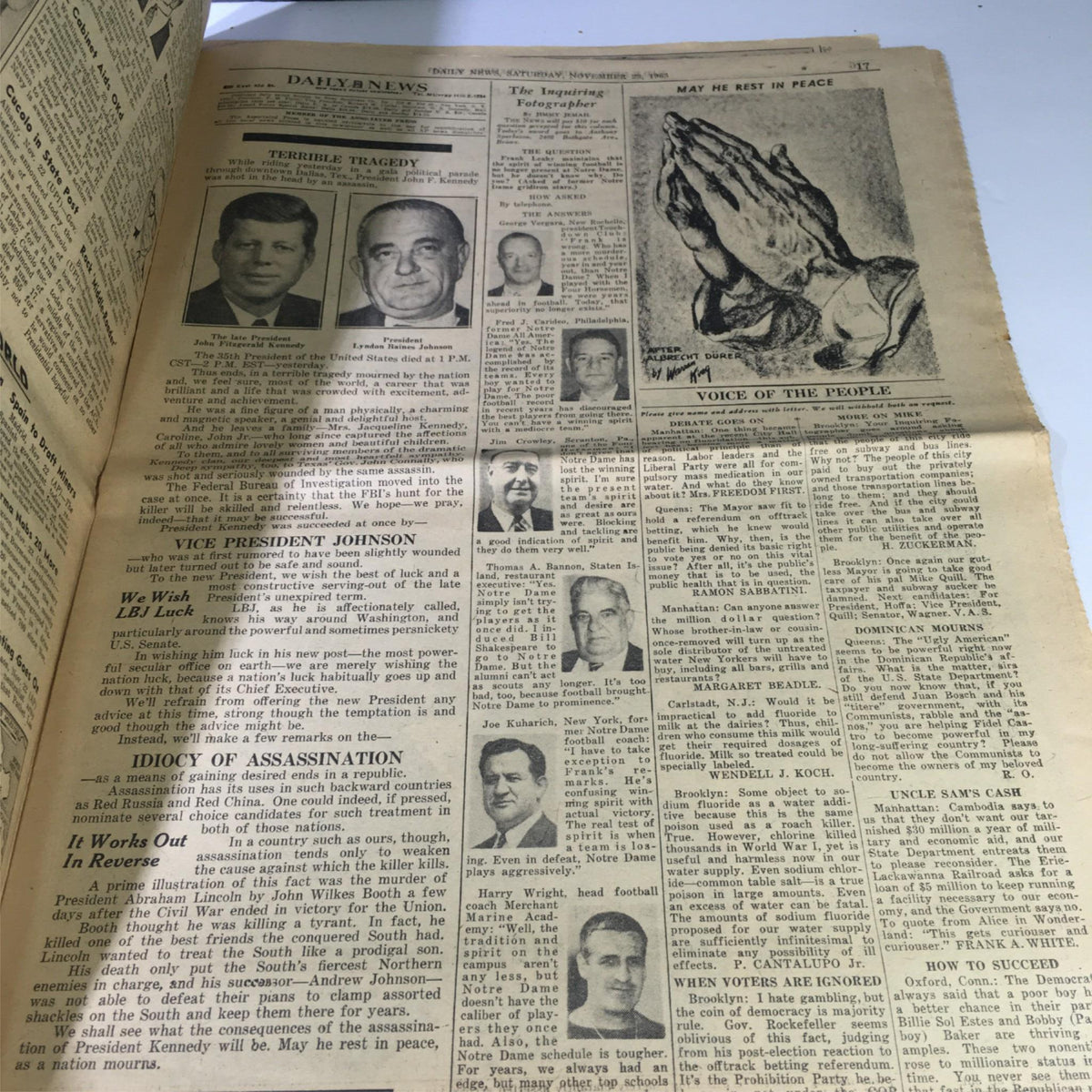 Another inside page of the VTG Daily News Newspaper November 23 1963, highlighting public reactions and reflections on JFK's assassination with images and comments.