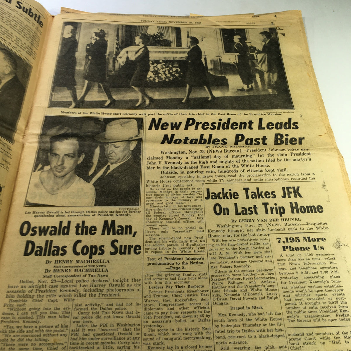 VTG Sunday News Newspaper November 24 1963 showcasing details about the new President Lyndon Johnson and the mourning of JFK.