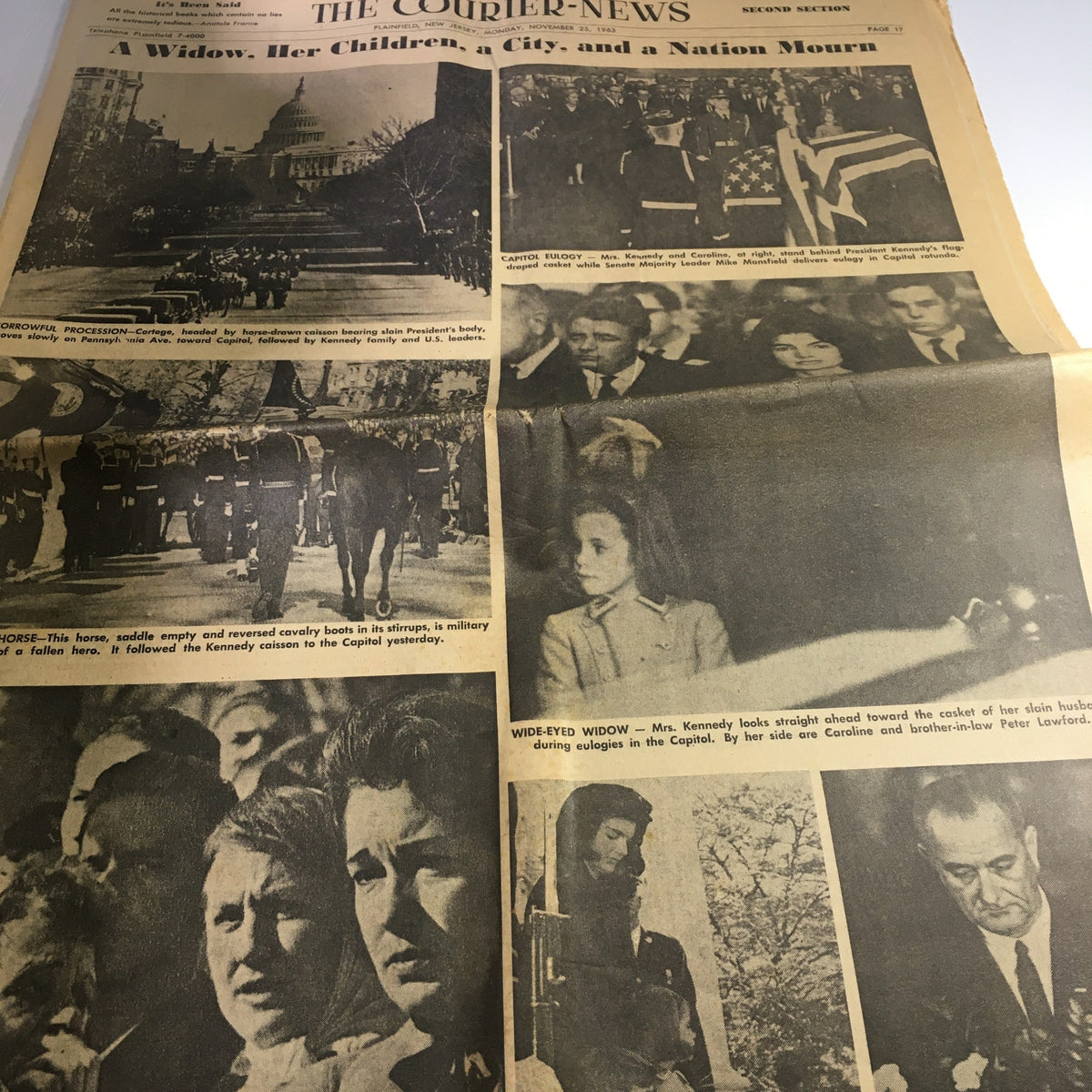 Second section of VTG The Courier News Newspaper from November 25, 1963, showcasing images of mourners during the ceremonies following President Kennedy's assassination.