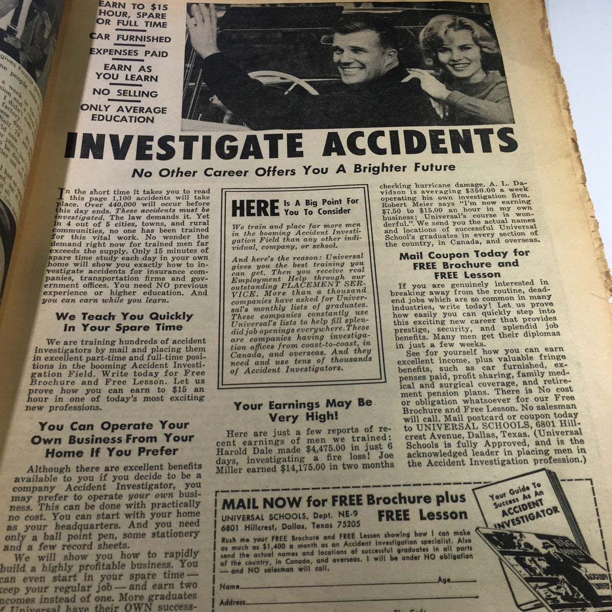 Inside the National Enquirer Newspaper from September 25, 1966 featuring an advertisement for accident investigation careers, illustrating the various articles and ads from the time.