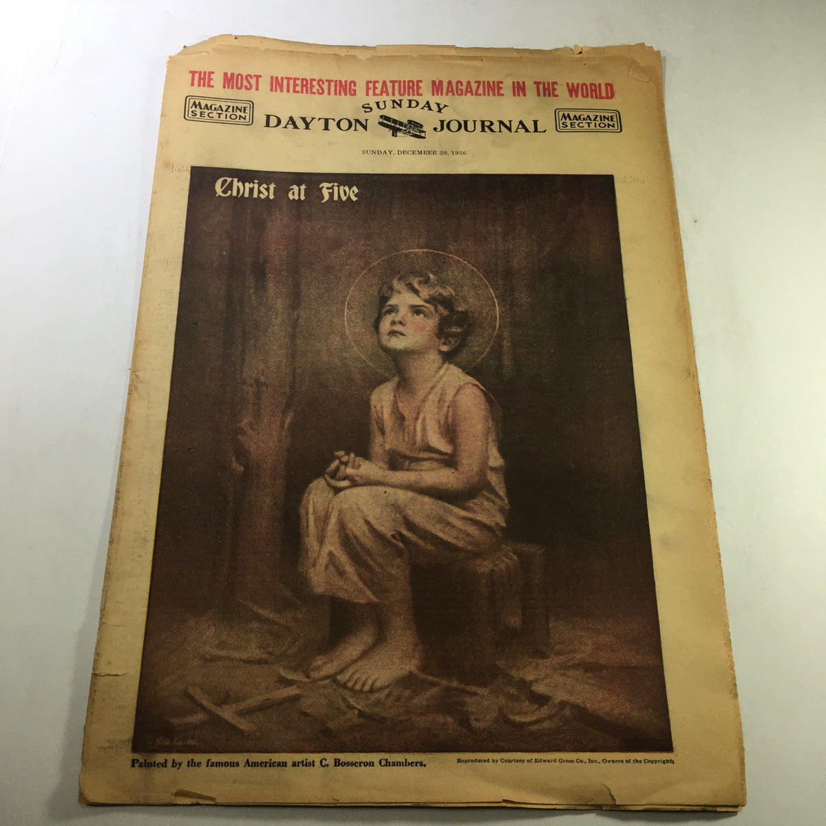 Cover of VTG Dayton Sunday Journal Newspaper dated December 20, 1936, featuring a portrait titled 'Christ at Five' by artist C. Bosecoron Chambers.