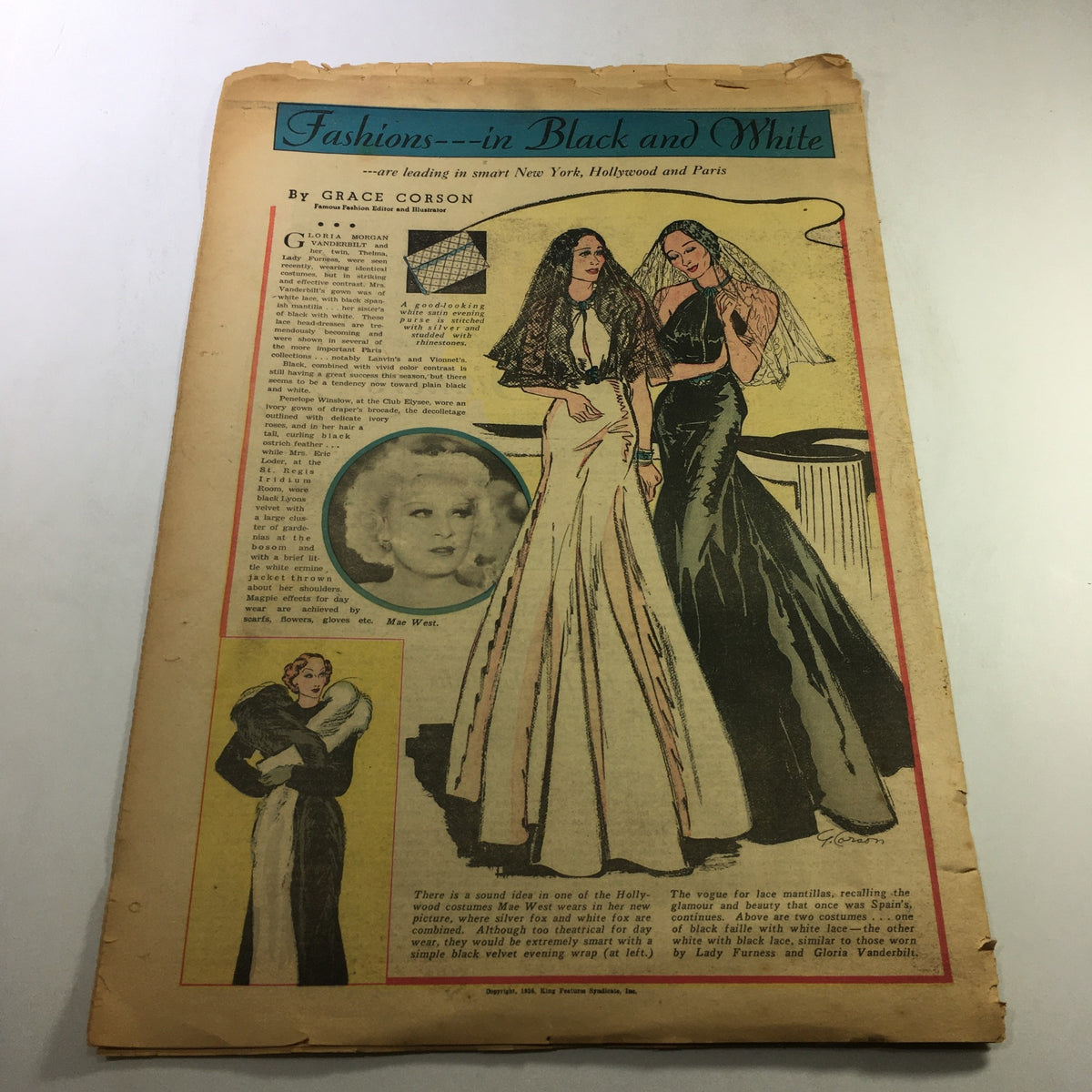 VTG Dayton Sunday Journal Newspaper December 20 1936 showcasing fashion illustrations featuring models in elegant black and white dresses, highlighting the glamor of the 1930s, along with a portrait of Max West. This vintage magazine reflects the era's style and the influence of figures like Gloria Morgan Vanderbilt.