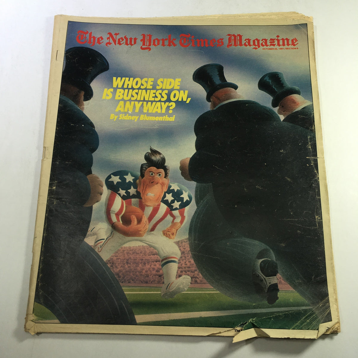 Cover of VTG The New York Times Magazine October 25 1981 featuring the article 'Whose Side Is Business On, Anyway?' by Sidney Blumenthal, illustrated with a vibrant cartoon image.