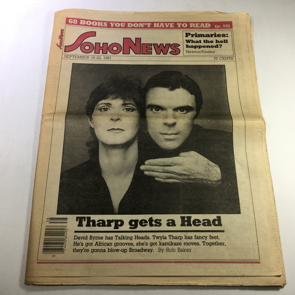 VTG Soho News Newspaper cover dated September 16-22, 1981, featuring David Byrne and Twyla Tharp. The cover highlights their collaboration with the headline 'Tharp gets a Head'.